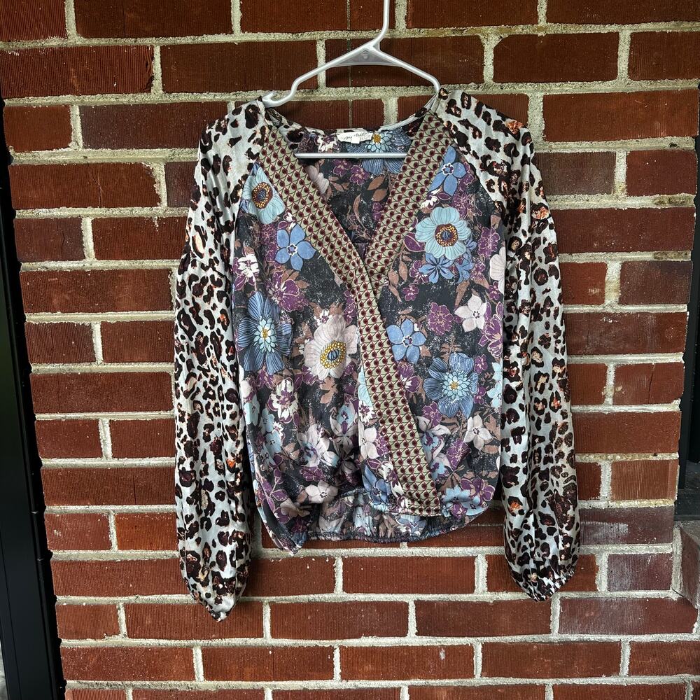 Mystree Mixed Print Floral Leopard Boho Surplice Long Sleeve Blouse Small